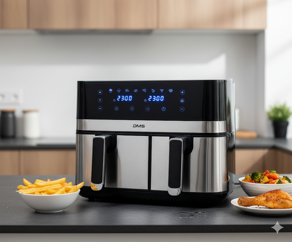 DMS HF-10E XXL Doppel-Heißluftfritteuse 10L Silber – 2-Kammer Airfryer